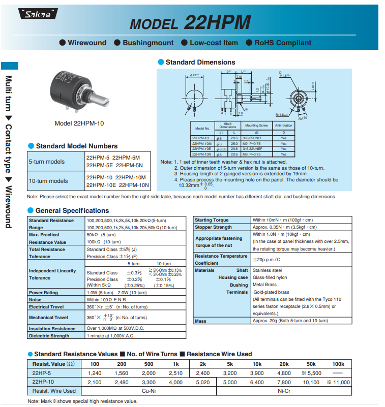 Biến trở 22HP-10 22HPM-10 biến trở FCP22E Biến trở CP50 từ 1K đến 10K hãng SAKAE