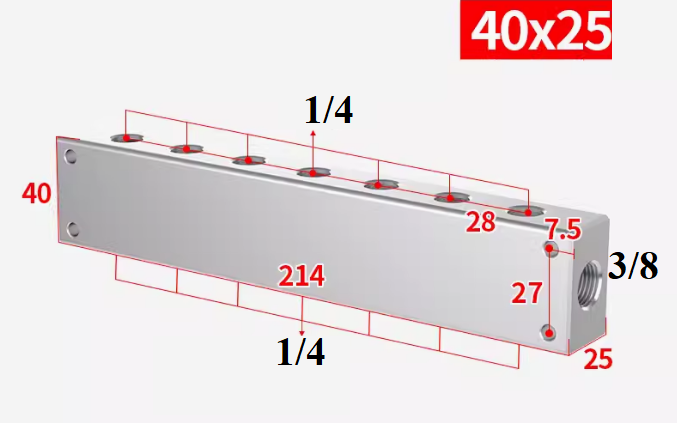 Bộ chia khí nhiều cổng 1 đầu vào ra 4,6,8,10,12,14,16 cổng, gas distribution, Thanh chia khí nén nhiều cổng