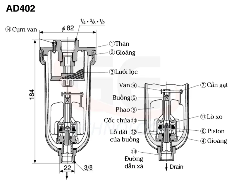 van xả nước máy nén khí,bộ tách nước cho máy nén khí,thiết bị tách ẩm khí nén,bộ xả nước FRL,auto drain FRL,bộ xả nước lọc khí,van xả nước ren 1/2,thiết bị khí nén công nghiệp,bộ tách nước khí nén giá tốt