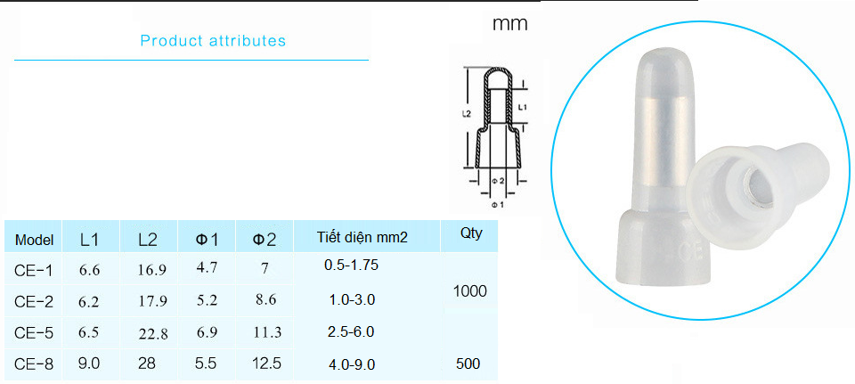 Đầu cốt chụp CE-8X CE8,  Đầu cosse chụp CE8, đầu chụp cốt nối CE-8X CE8, Đầu cốt nối dây điện CE8