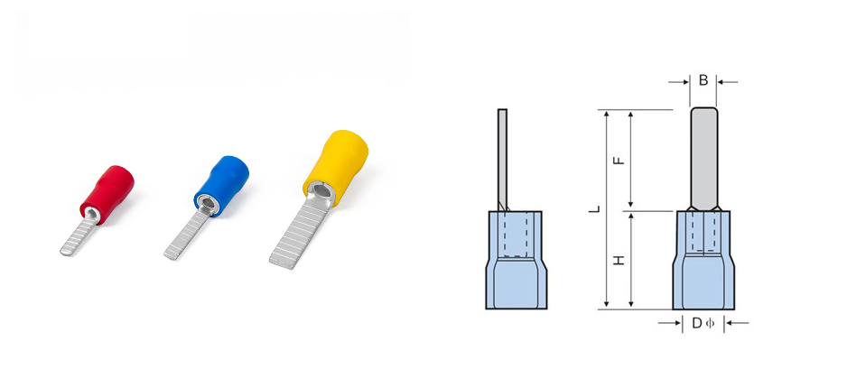 Đầu cốt kim dẹt bọc nhựa, Đầu cos kim dẹt bọc nhựa, Đầu cos pin dẹp đặc DBV1.25-10, DBV1.25-14, DBV1.25-18, DBV2-10, DBV2-14, DBV2-18, DBV5.5-10, DBV5.5-14, DBV5.5