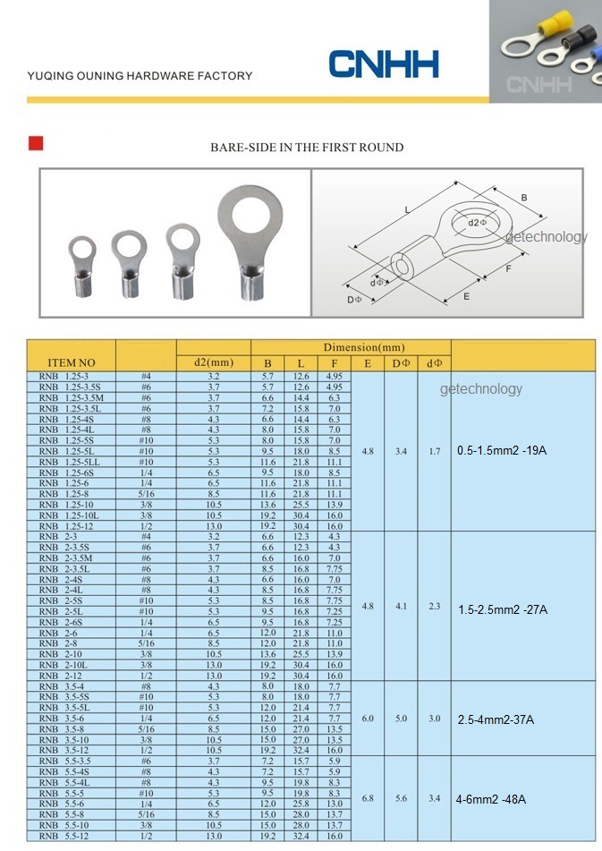 Đầu cốt tròn trần RNB8-10, Đầu cốt tròn trần RNB14-10, Đầu cốt tròn trần RNB22-12, Đầu cốt tròn trần RNB38-12, Đầu cốt tròn trần RNB60-12