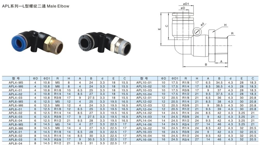 Đầu nối khí PL, Đầu nối góc PL, đầu nối nhanh PL, Apl Male Elbow Push In Fittings hãng AKS