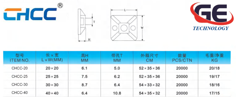 Đế dán cố định dây rút dây thít nhựa, miếng dán cố định dây thít, gối đỡ dây điện CHCC-20, CHCC-25, CHCC-30, CHCC-40 hãng CHCC