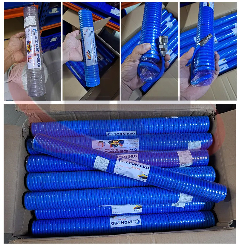 ống xoắn mềm PU, dây dẫn khí PU, ống khí nén bền, ống khí nén dẻo, dây xoắn khí nén màu xanh, dây khí PU chịu áp lực