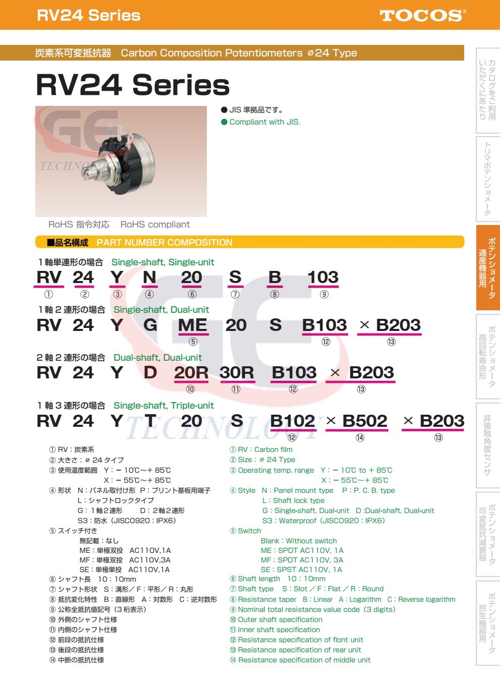 Biến Trở TOCOS RV24YN20S B102(1K) B103(10K) B104(100K) B105(1M) B202(2K) B203(20K) B204(200K) B502(5K) B503(50K) B254(250K) 