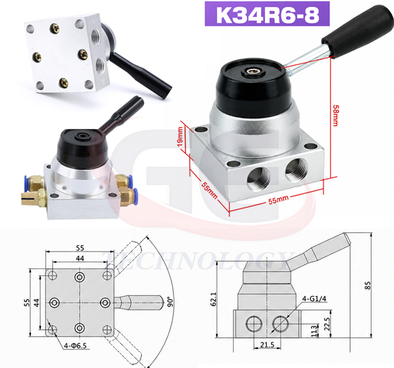 Van gạt tay, Zonye,Van gạt tay K34R6-8D 3 vị trí 4 cửa,van K34R6-8D, Thông số kỹ thuật van gạt tay K34R6-8D, Van khí nén K34R6-8D cổng G1/4, Van K34R6-8D, K34R6-8, K34R6-8D, K34R6-8L, K34R6-8A