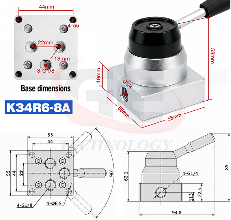 Van gạt tay, Zonye,Van gạt tay K34R6-8D 3 vị trí 4 cửa,van K34R6-8D, Thông số kỹ thuật van gạt tay K34R6-8D, Van khí nén K34R6-8D cổng G1/4, Van K34R6-8D, K34R6-8, K34R6-8D, K34R6-8L, K34R6-8A