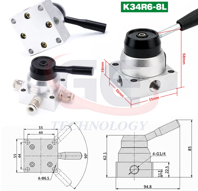 Van gạt tay, Zonye,Van gạt tay K34R6-8D 3 vị trí 4 cửa,van K34R6-8D, Thông số kỹ thuật van gạt tay K34R6-8D, Van khí nén K34R6-8D cổng G1/4, Van K34R6-8D, K34R6-8, K34R6-8D, K34R6-8L, K34R6-8A