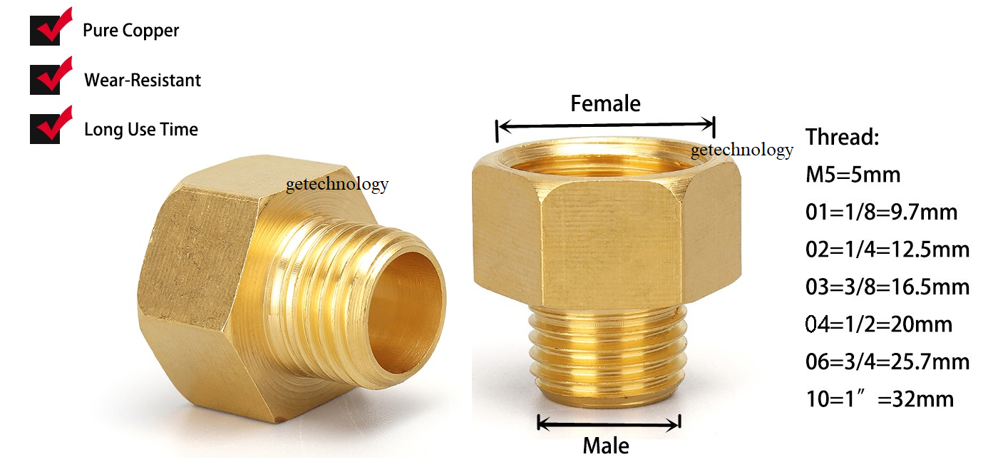 Lơ đồng, Lơ thu đồng ren trong ren ngoài hệ G - Bằng đồng (Brass Adaptor female to male) cà rá ngược, khớp nối ren đồng, đầu nối ren đồng