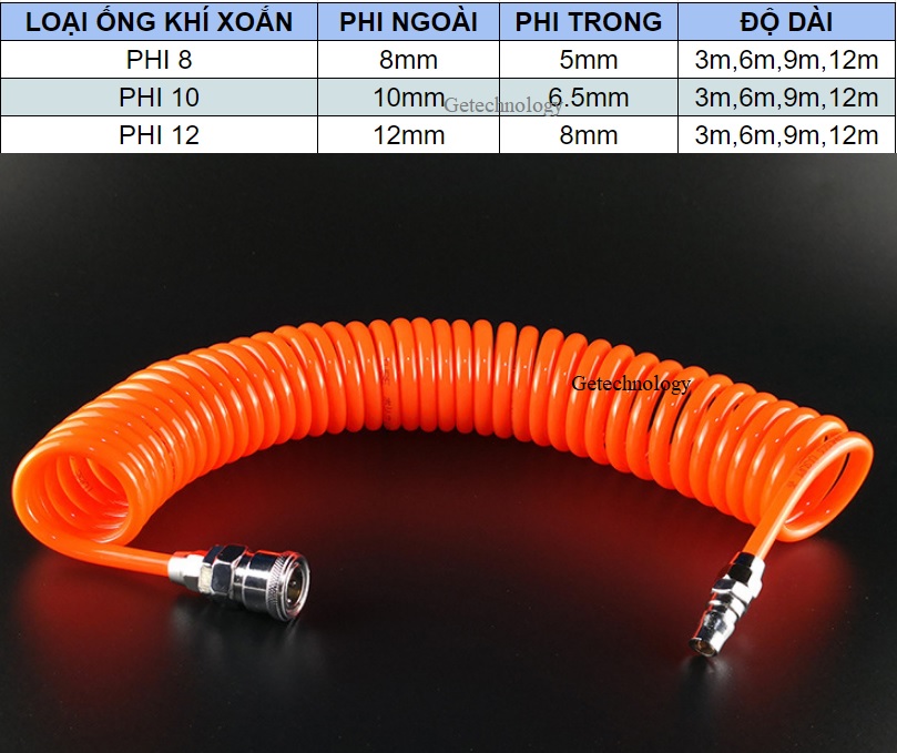 Ống dây khí xoắn PU phi 8, phi 10, phi 12 dài 3m, 6m, 9m, 12m, ống dây xoắn khí nén