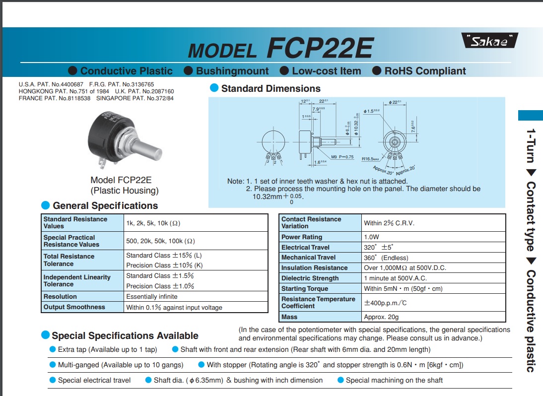 Biến trở 22HP-10 22HPM-10 biến trở FCP22E Biến trở CP50 từ 1K đến 10K hãng SAKAE