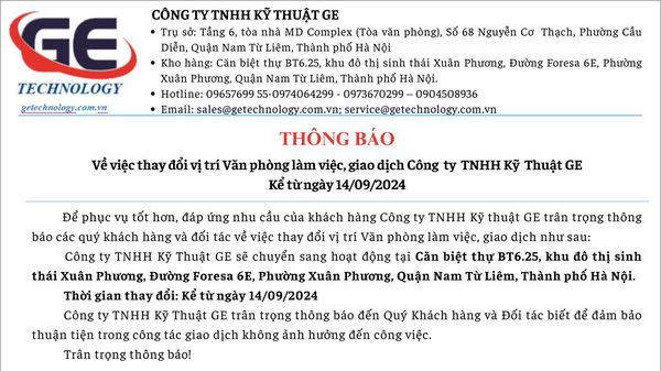 THÔNG BÁO THAY ĐỔI ĐỊA CHỈ VĂN PHÒNG GIAO DỊCH VÀ KHO HÀNG CÔNG TY TNHH KỸ THUẬT GE