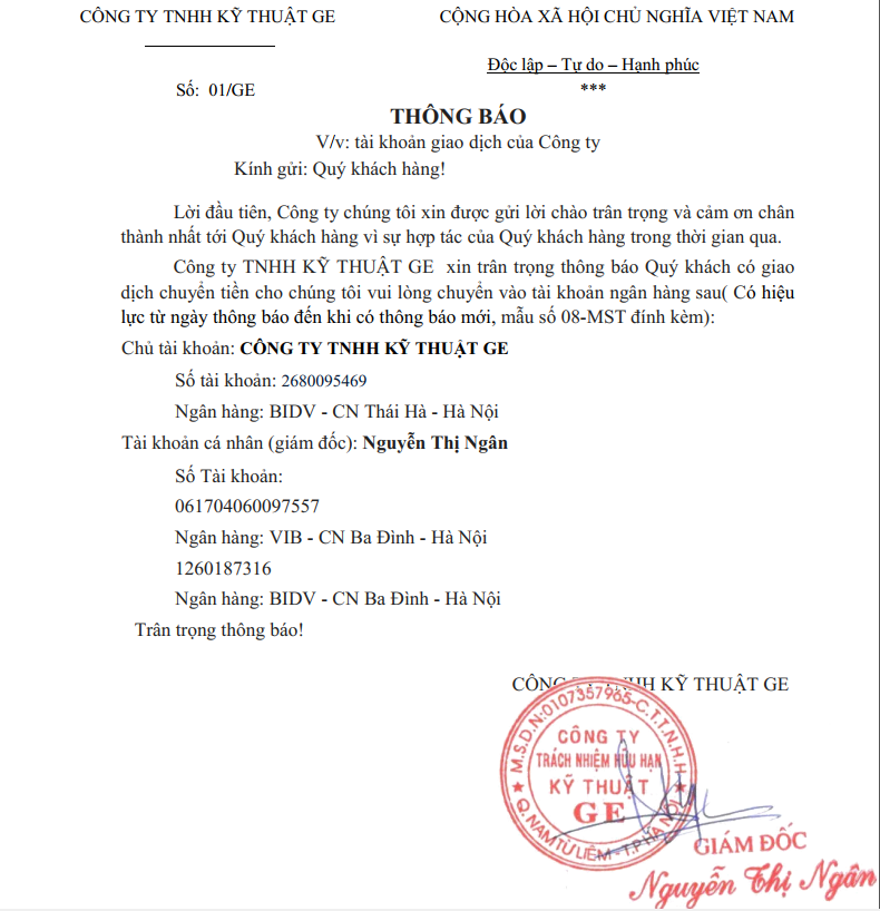 THÔNG BÁO TÀI KHOẢN GIAO DỊCH CÔNG TY TNHH KỸ THUẬT GE - MẪU SỐ 08 NỘP CƠ QUAN THUẾ