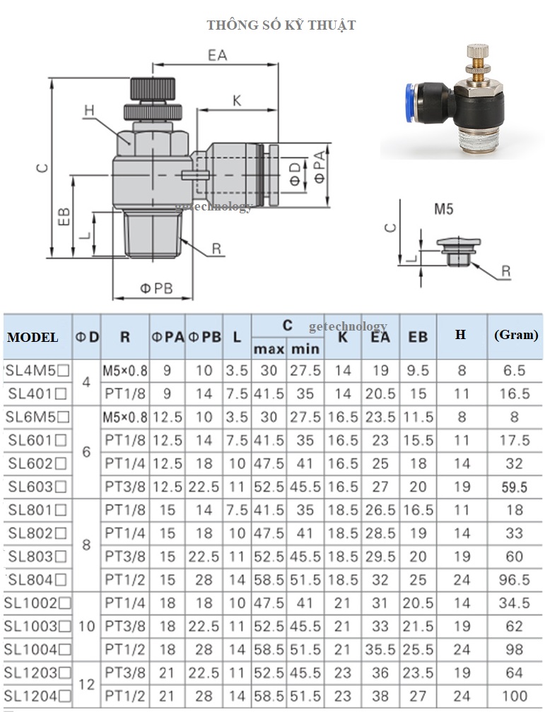 Van tiết lưu khí nén van tiết lưu SL cút nối khí