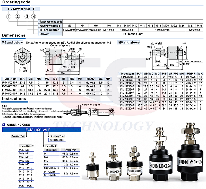 Đầu lắc xi lanh,tự lựa khí nén,M20,M5X080F, M6X100F, M8X125F, M10X125F, M12X125F, M14X150F, M16X150F, M18X150F, M20X150F