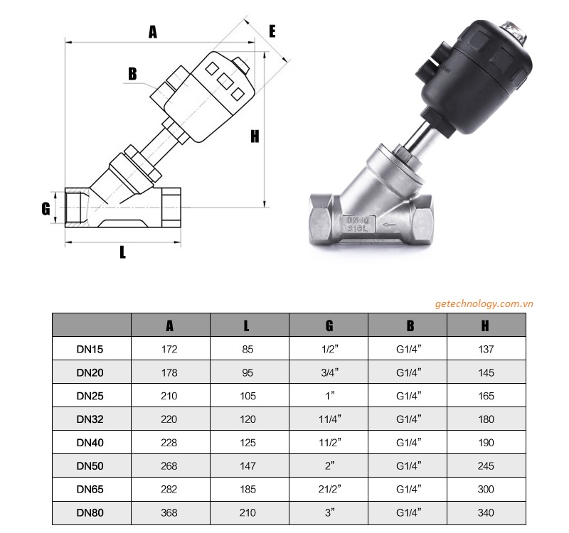 Van xiên khí nén dòng bắt ren - angle seat valve DN15 - DN100