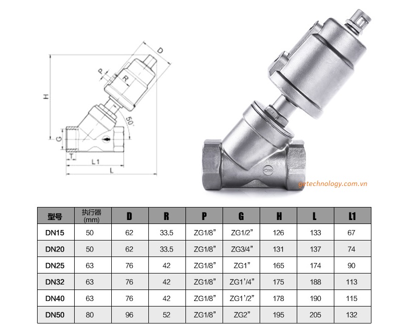 Van xiên khí nén dòng bắt ren - angle seat valve DN15 - DN100