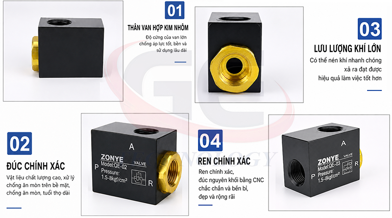 Van xả nhanh khí nén QE, van xả nhanh QE-01, QE-02, QE-03, QE-04, van xả khí nén, van xả khí nhanh, van khí nén, van xả nhanh G1/8, van xả nhanh G1/4, van xả nhanh G3/8, van xả nhanh G1/2