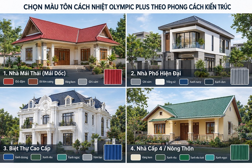 Chọn màu tôn lợp mái phù hợp với lối kiến trúc giúp toát lên trọn vẹn tinh thần mà gia chủ muốn thể hiện&nbsp;