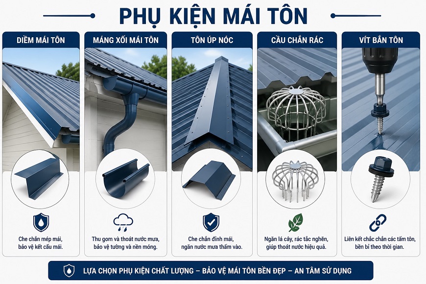 Lựa chọn đầy đủ phụ kiện mái tôn chất lượng giúp mái nhà bền đẹp, kín khít và vận hành ổn định trong thời gian dài