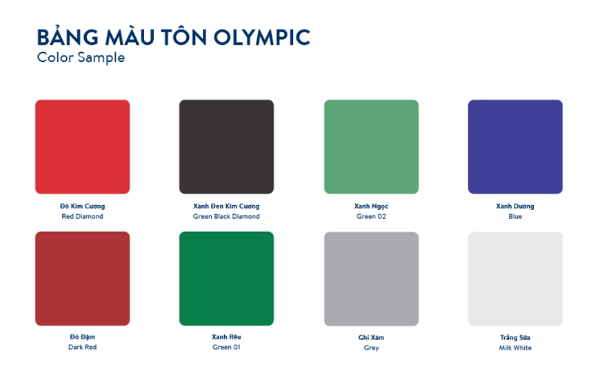 Tham khảo bảng màu tôn sóng vuông Olympic đa dạng để lựa chọn màu tôn phù hợp