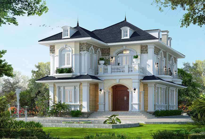 Mẫu nhà biệt thự lợp mái tôn kiểu Thái có sân vườn rộng lớn