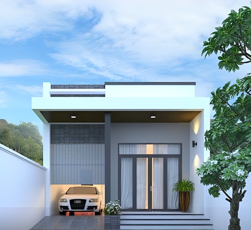 Mẫu nhà cấp 4 mái bằng có gara để xe đơn giản hiện đại