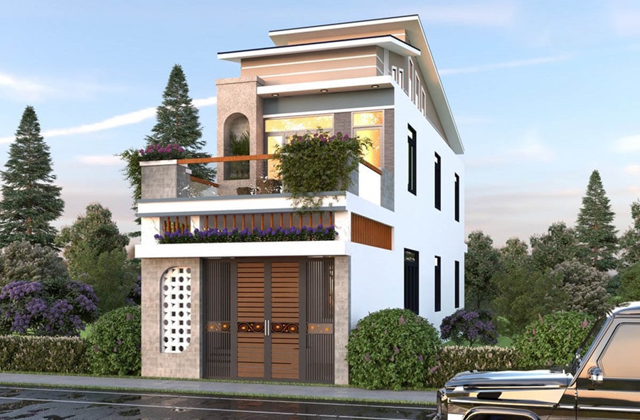 Mẫu 10: Mẫu nhà ống 2 tầng lệch mái hiện đại 