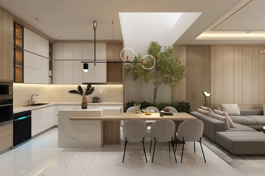 Mẫu thiết kế phòng bếp mở nối liền phòng khách tạo cảm giác rộng rãi hơn 