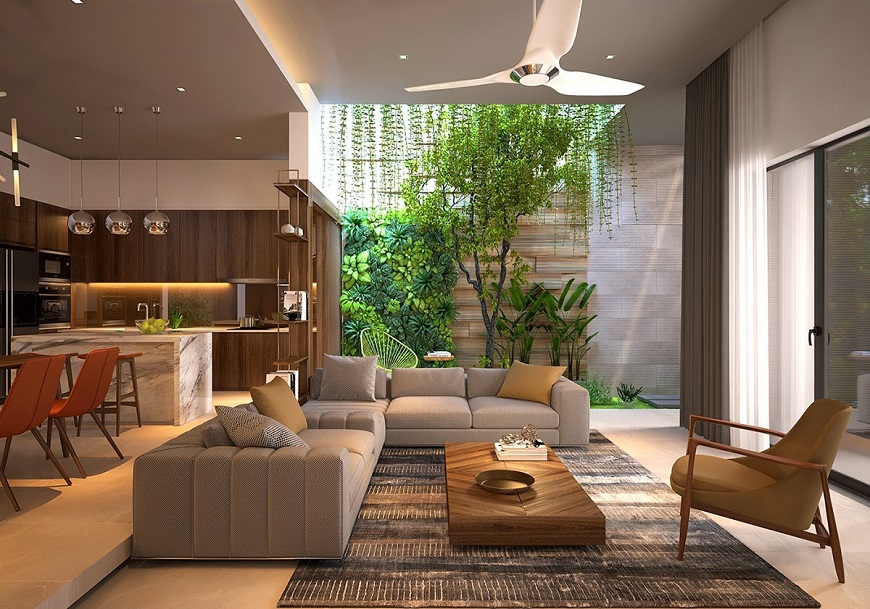 Ánh sáng tự nhiên cho không gian phòng khách từ giếng trời khi sử dụng tấm lợp lấy sáng thông minh