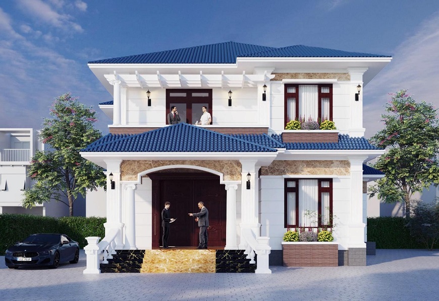 Biệt thự tân cổ điển với mái tôn xanh dương cao cấp
