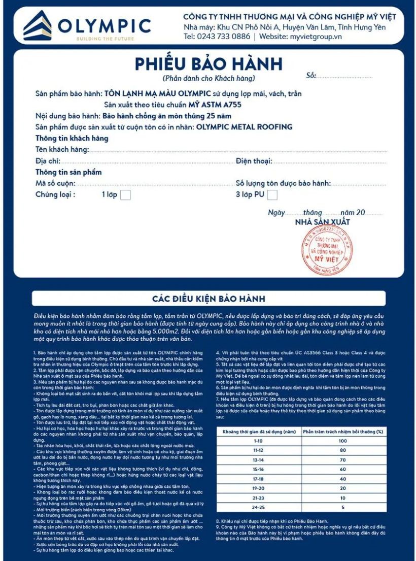 Phiếu bảo hành tôn Olympic chính hãng