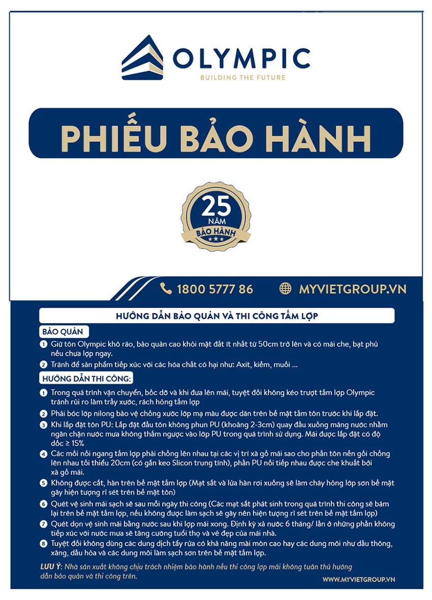 Phiếu bảo hành tôn Olympic