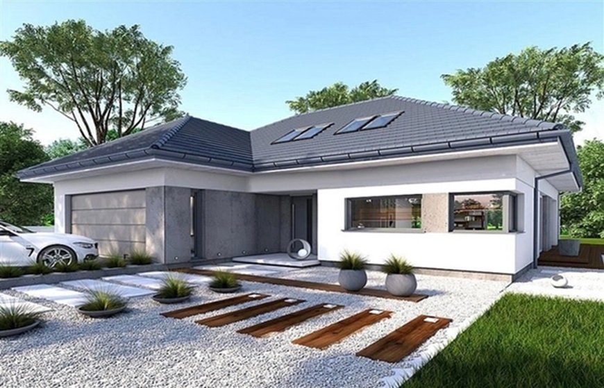 Tôn màu ghi xám kết hợp với tường màu kem tạo nên tổng thể tinh tế thời thượng