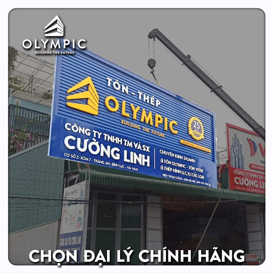 Các cửa hàng tôn Olympic thường là “Biển quảng cáo màu xanh” ghi kèm chữ “Tôn - Thép Olympic”