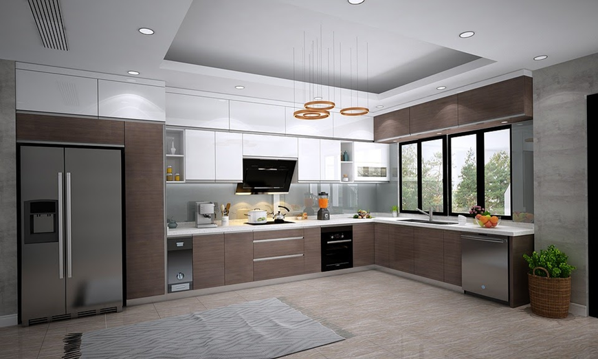 Phòng bếp hiện đại đầy đủ hiệu năng cho thiết kế căn hộ chung cư sang trọng