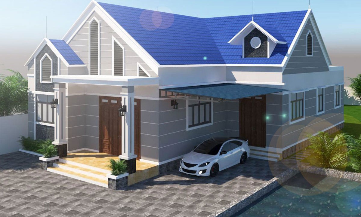 Nhà cấp 4 dáng chữ L với mái tôn xanh dương