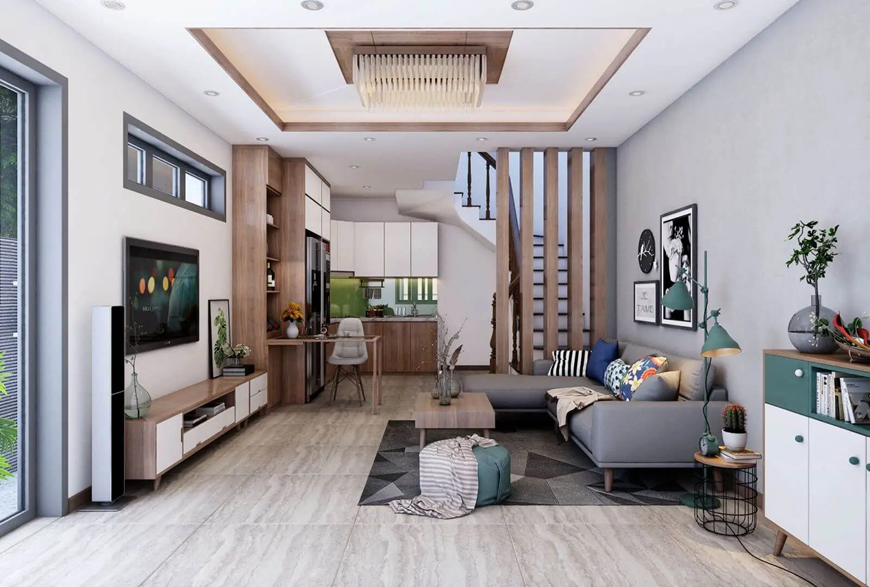 Phòng khách hiện đại phong cách nhẹ nhàng cho nhà ống năm 2025