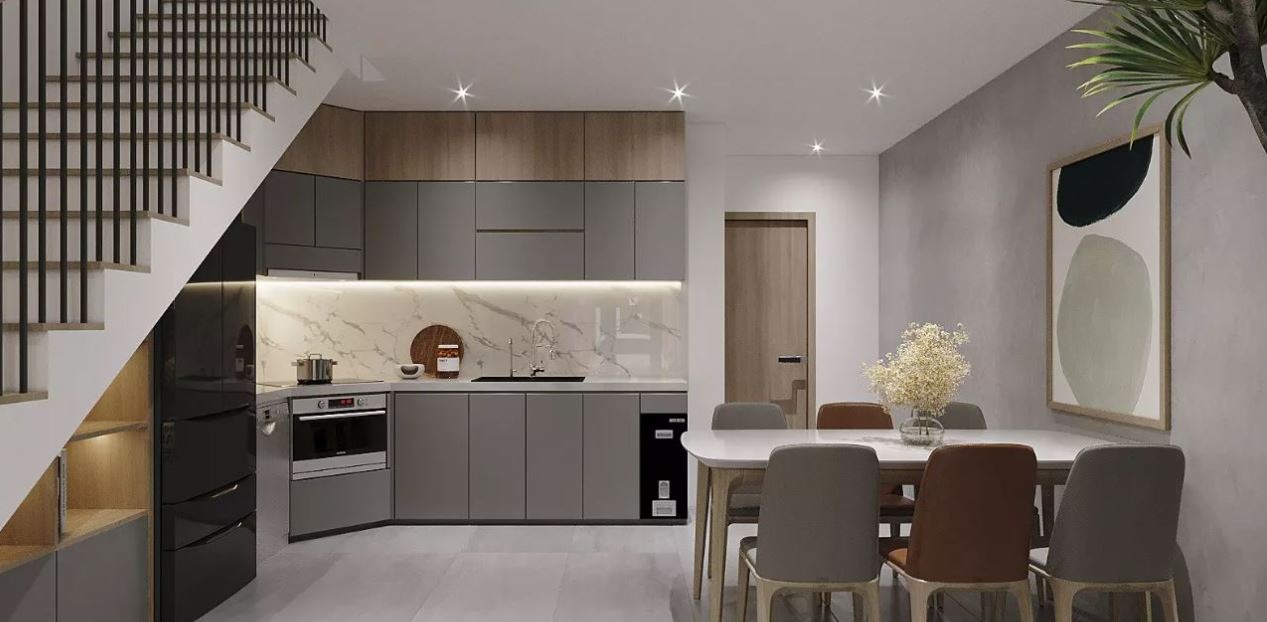 Phòng bếp đẹp đơn giản, tận dụng gầm cầu thang tối ưu diện tích