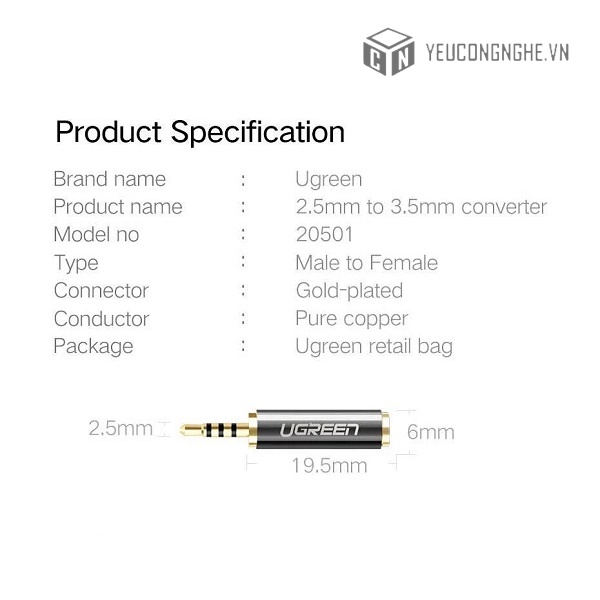 Jack chuyển 3.5mm female sang 2.5mm male chính hãng Ugreen