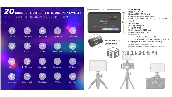 ULANZI VL120 RGB Full Color Video Light - Đèn LED đổi màu RGB