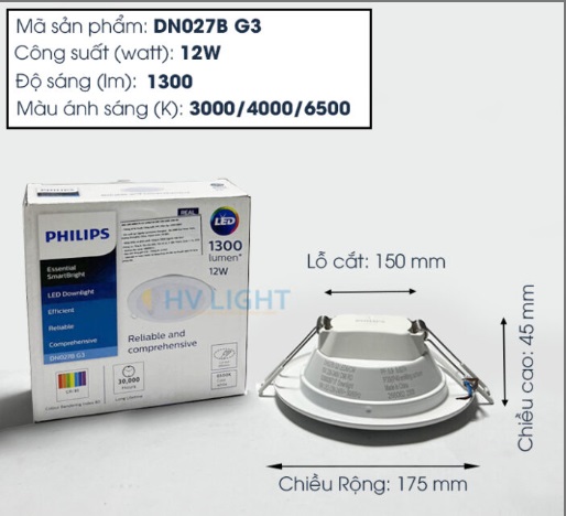 Đèn LED âm trần Philips DN027B G3 LED12 12W D150