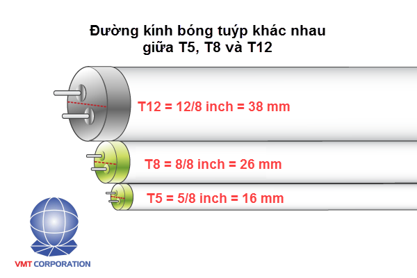 sự khác biệt về kích thước đèn tuýp led t8 và đèn t5