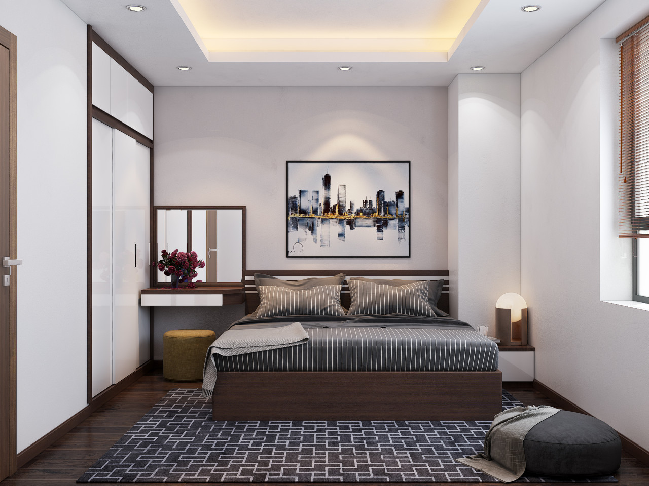 Phòng ngủ Master được thiết kế tối giản với tông màu xám ấn tượng