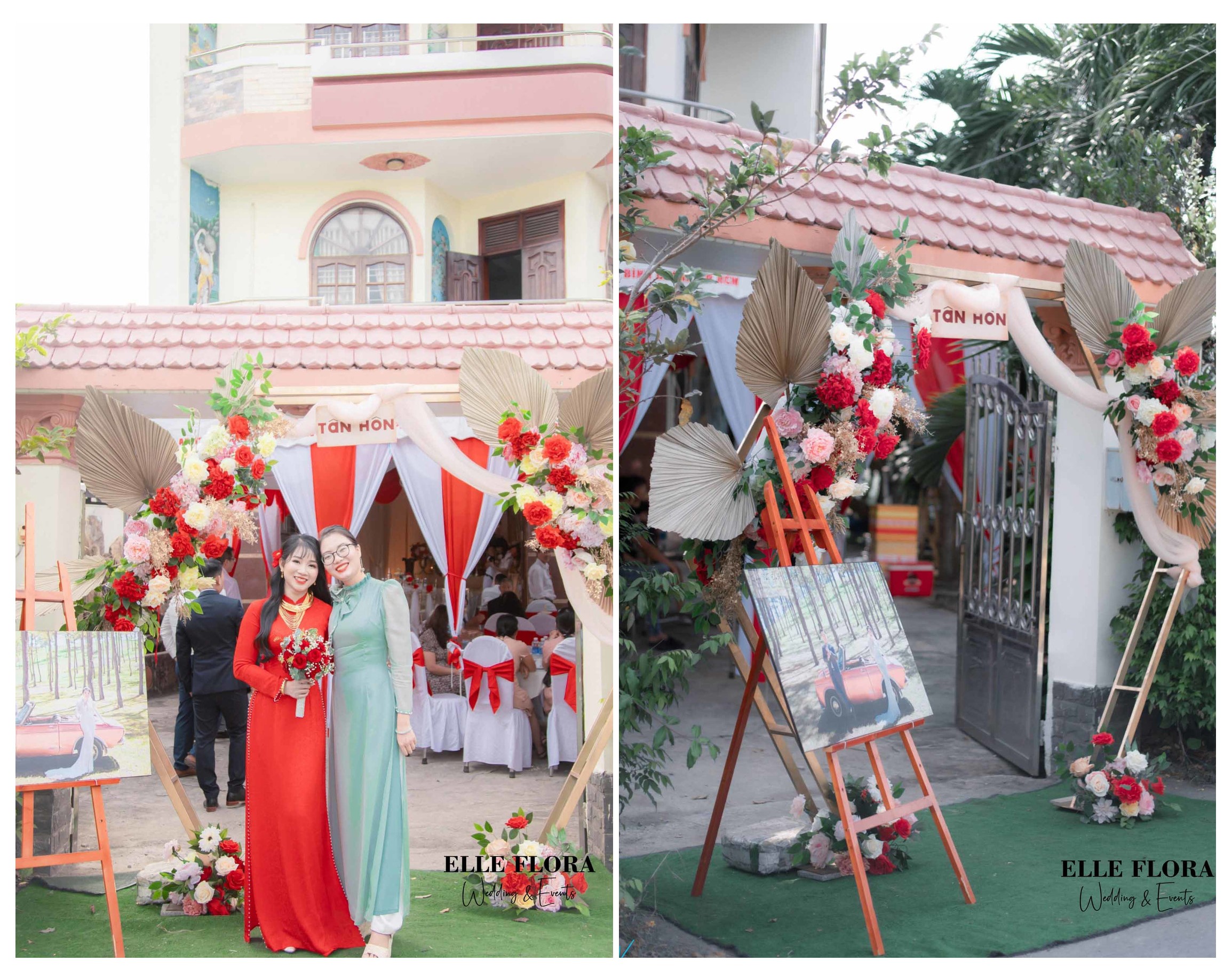  TRANG TRÍ GIA TIÊN CƠ BẢN HOA LỤA TONE ĐỎ NHẸ