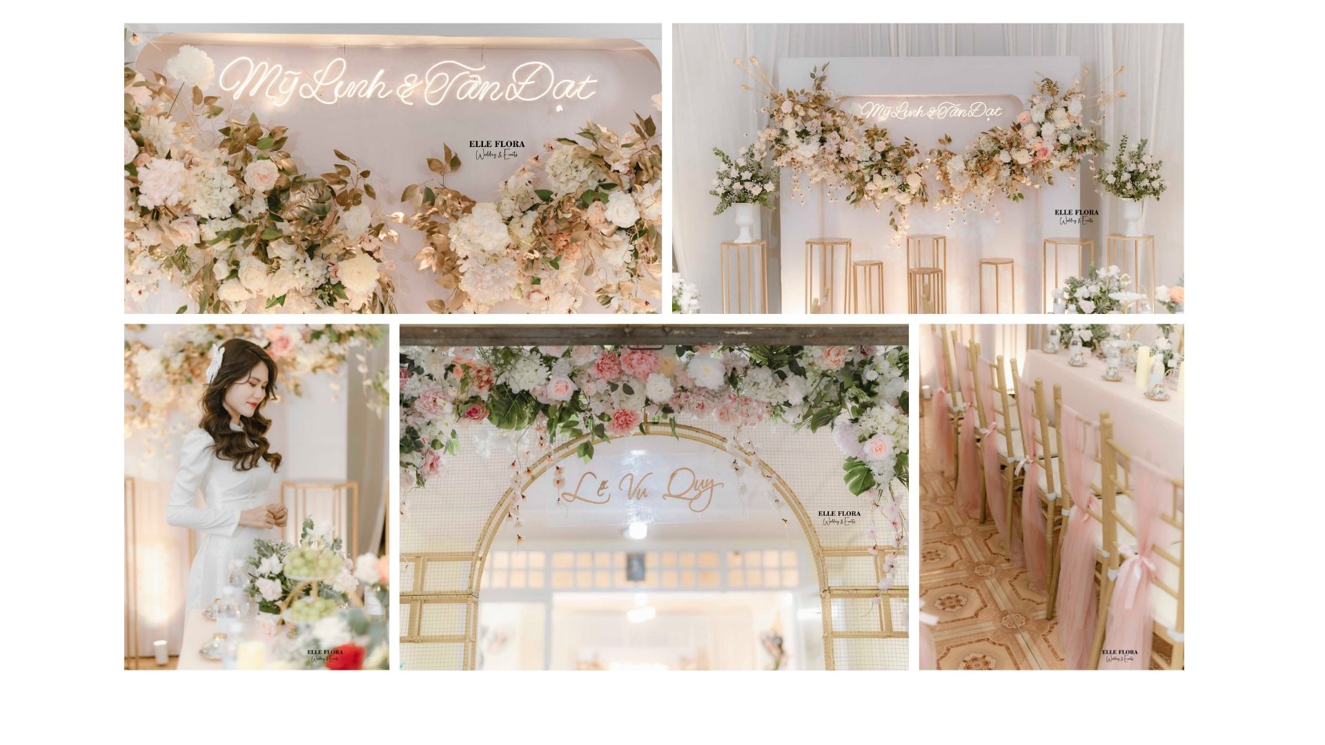 Backdrop chử hỷ và cổng hoa trong gói trang trí gia tiên cao cấp Hồng Gold Neon