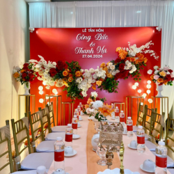 Trang trí gia tiên tone đỏ cam