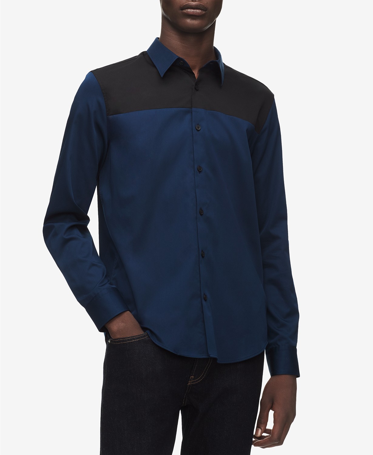 Áo sơ mi nam calvin klein tay dài xanh navy phối đen