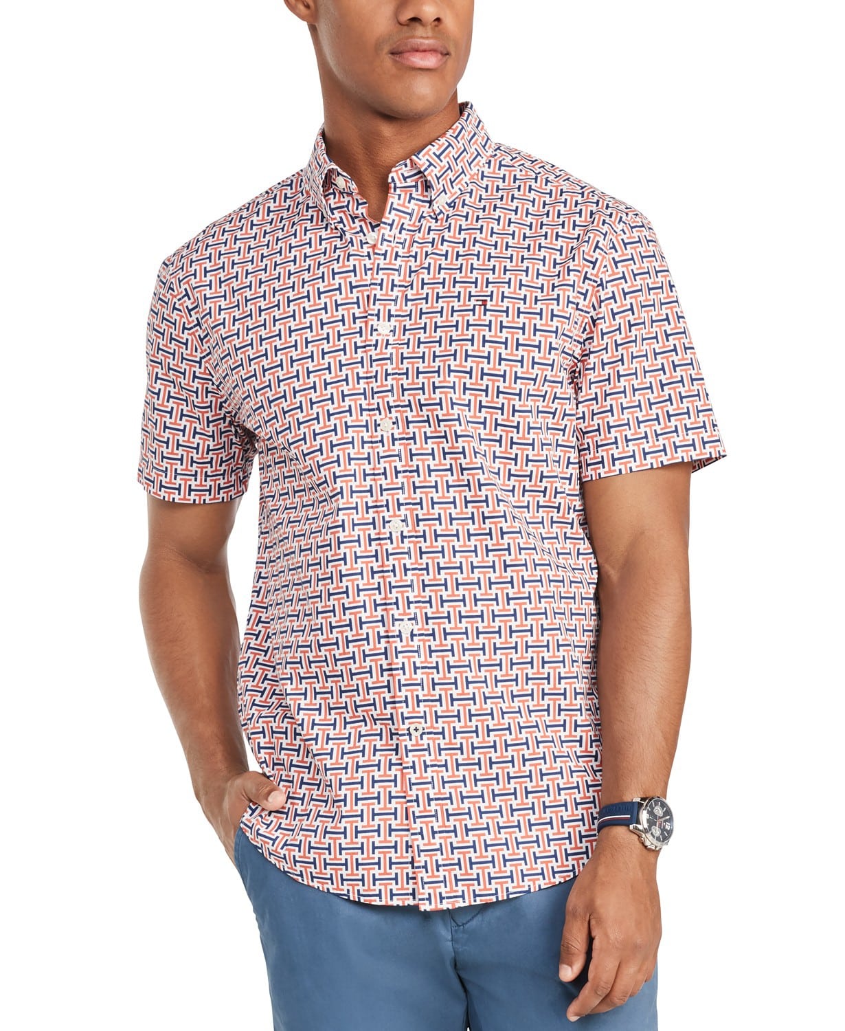Áo sơ mi nam Tommy Hilfiger ngắn tay caro phối chữ